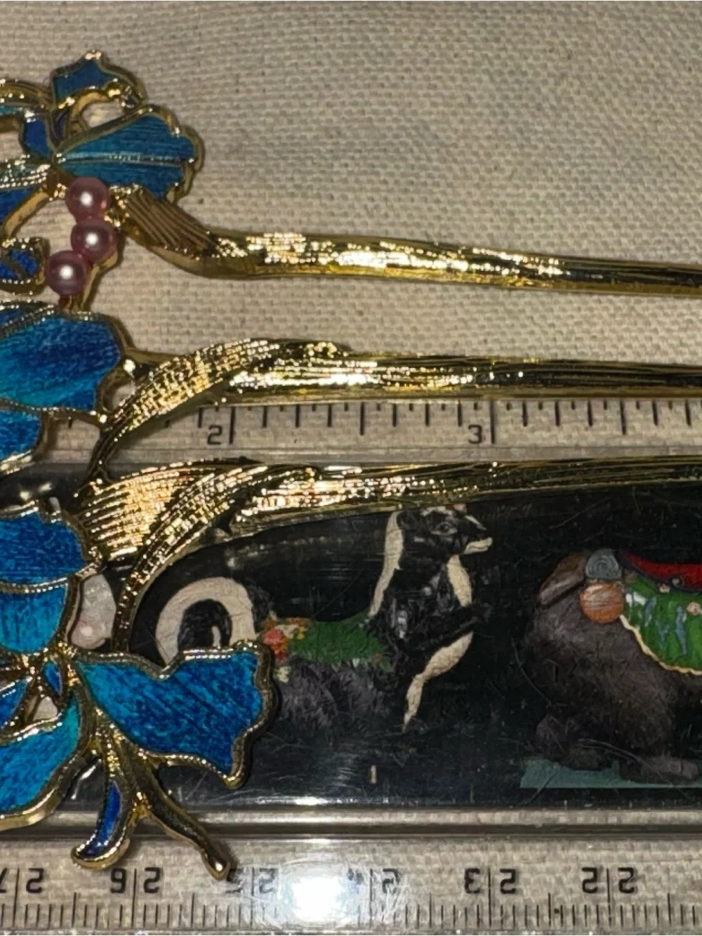 Elegant Blue & Green Enamel & Faux Pink Pearls Floral Gold Tone Metal Hair Fork